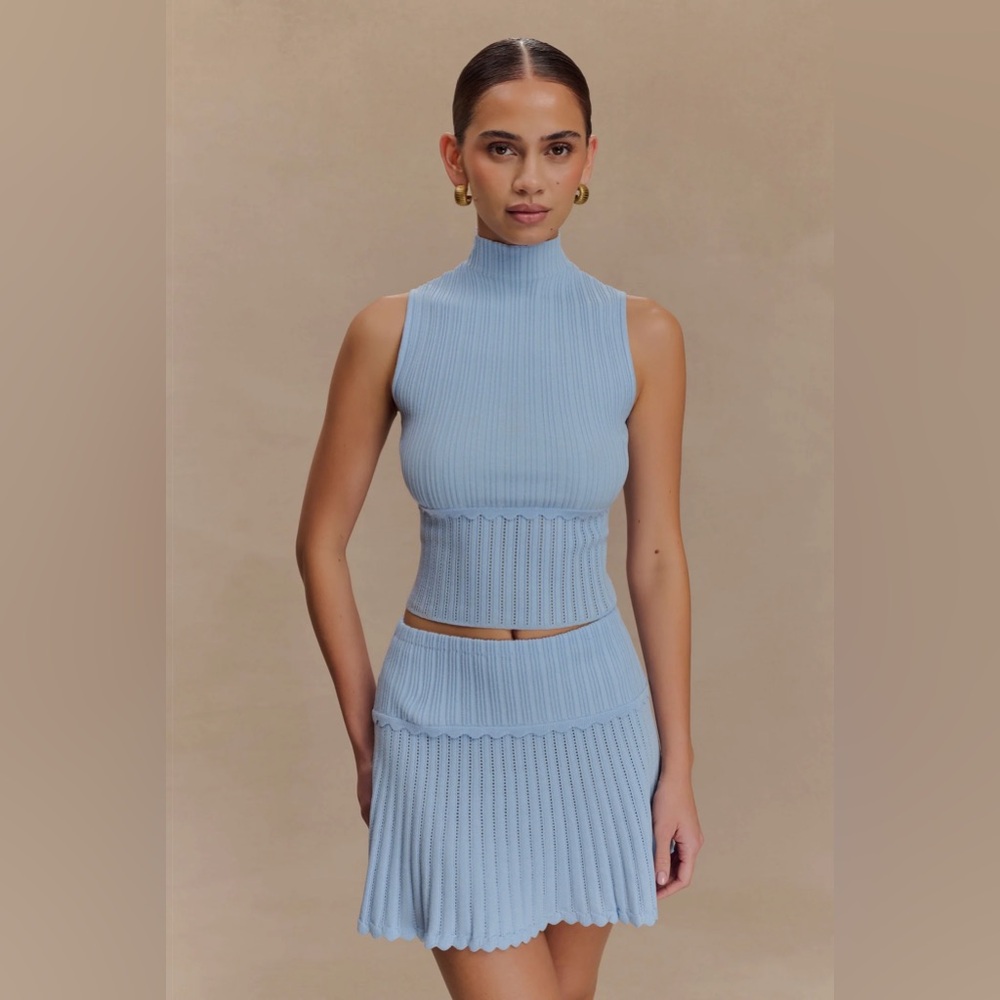 Meshki Indy Pointelle Blue knit top and skirt matching set XXS